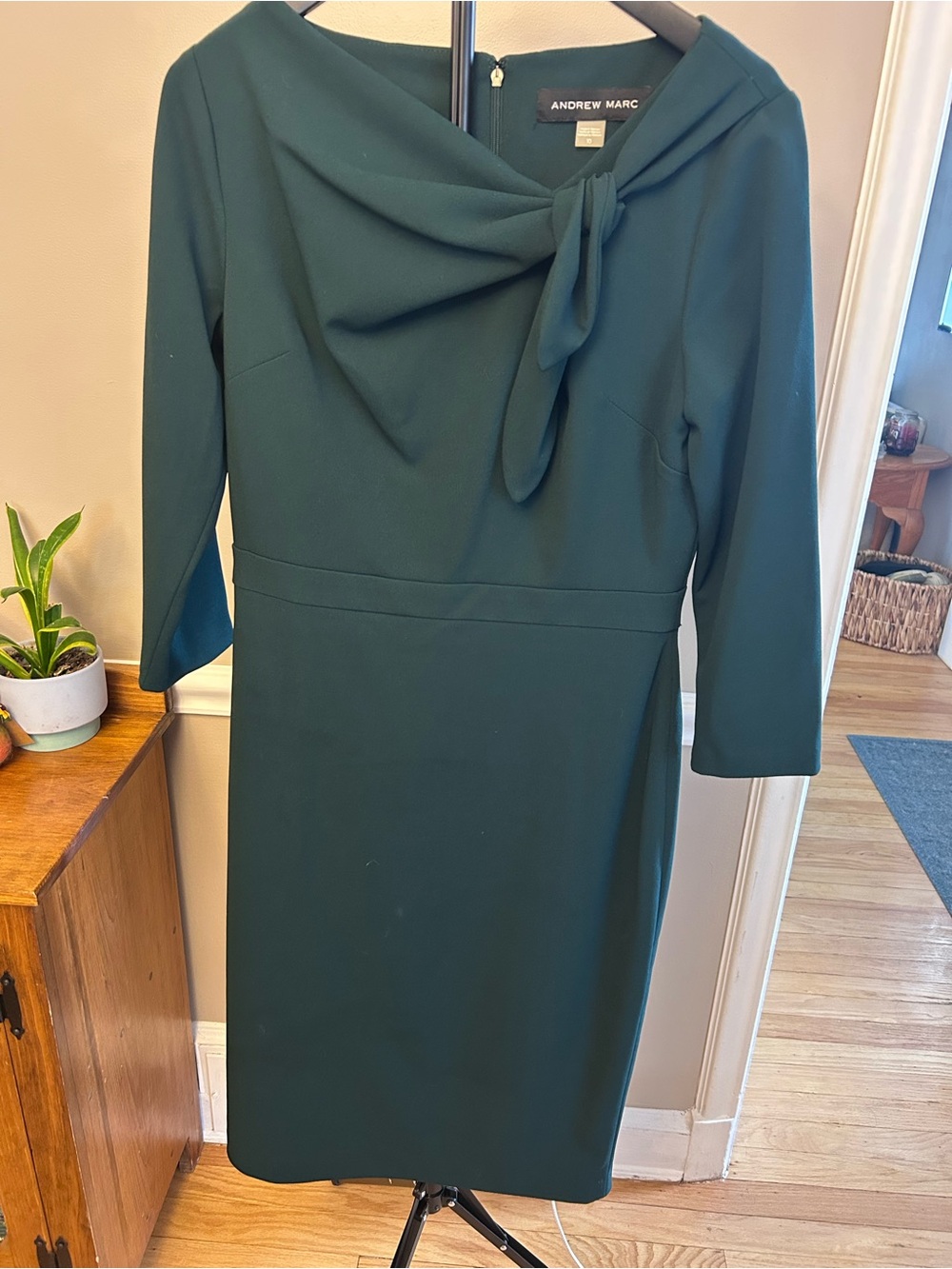 Andrew Marc Deep Green Tie-Neck Midi Sheath Dress